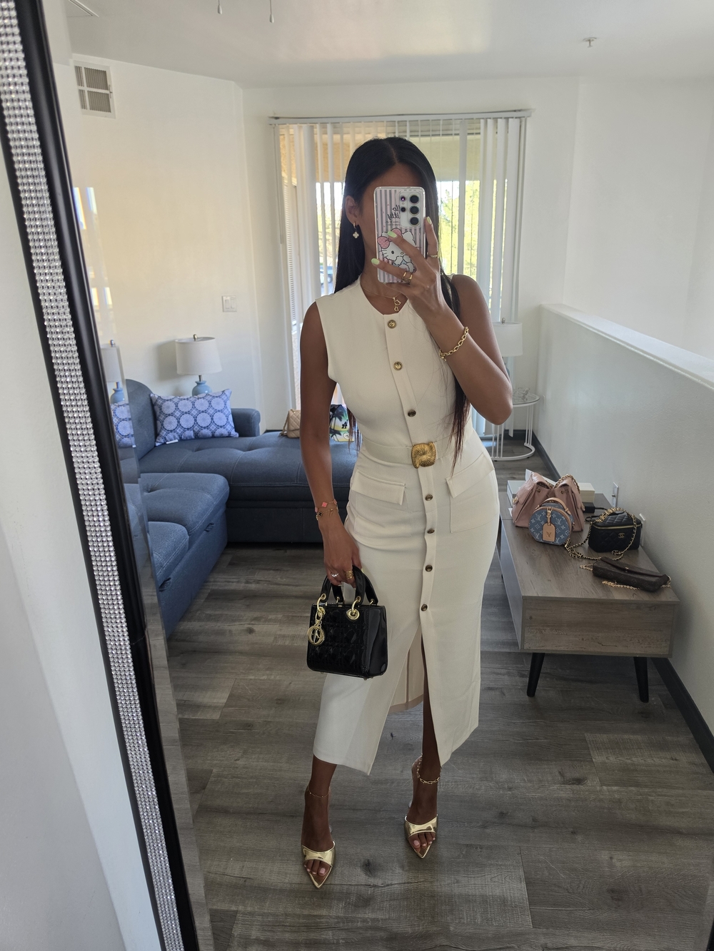 Zara Cream Button-Front Midi Dress with Gold Accents - Picture 4 of 17